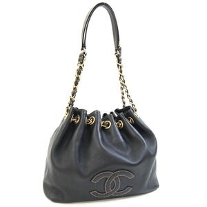 Chanel Shoulder Bag with Coco Mark, Black Leather Handbag, Chain Bag, Women's...